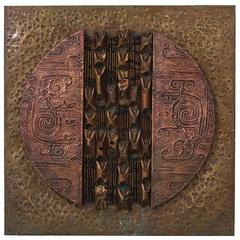 Square Brutalist Mixed Metal Wall Panel Sculpture, 1970s