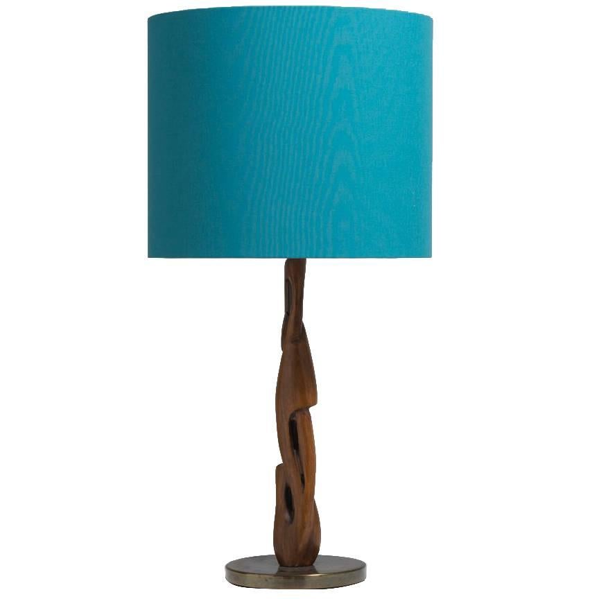 Single Sculptural Wood and Brass Table Lamp, 1970s For Sale