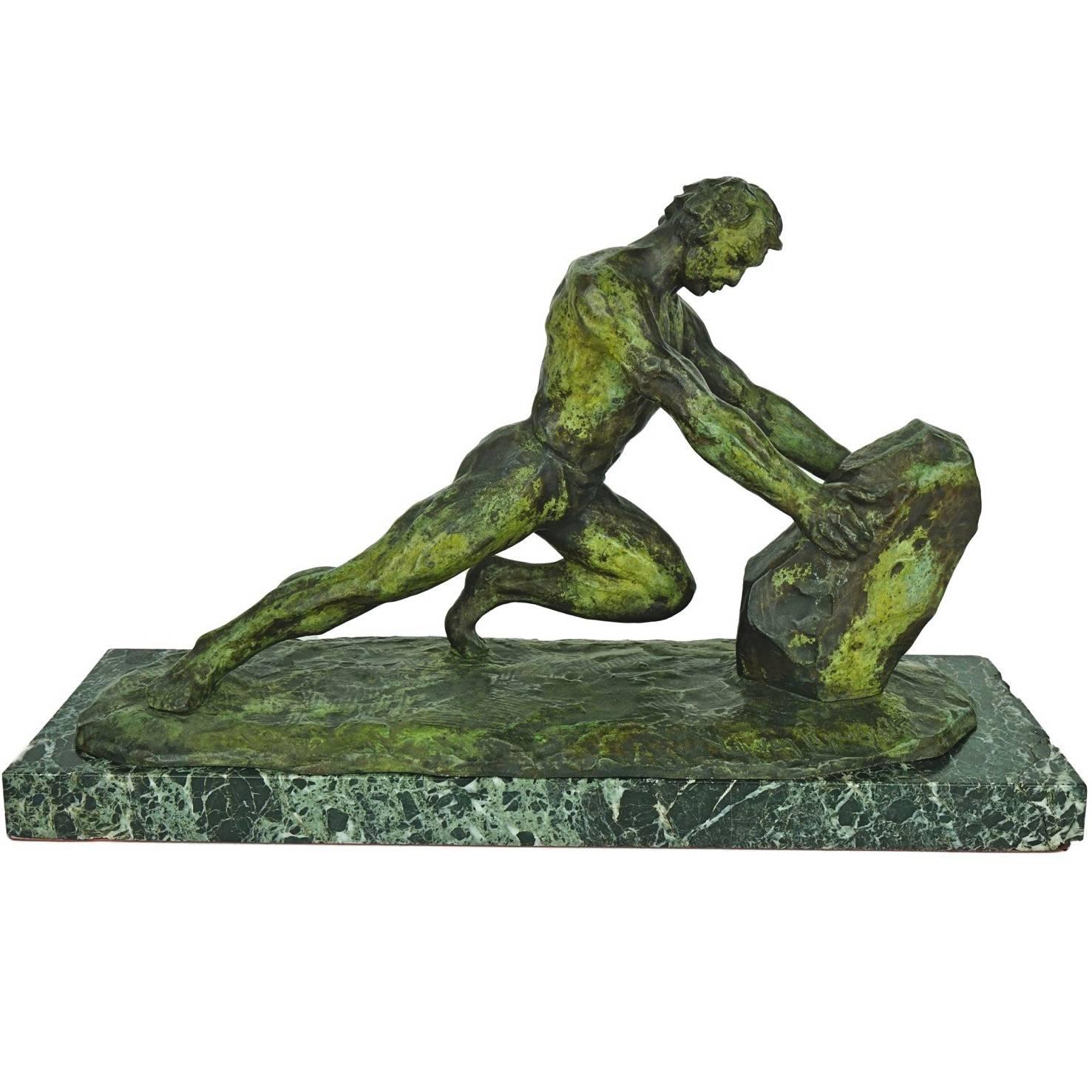 Art Deco Bronze Sculpture of a Man in Full Effort by Van Rijswijck For Sale