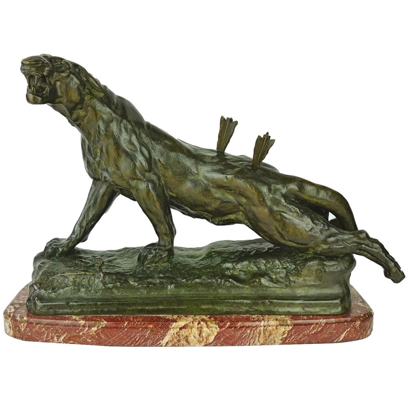 French Romantic Bronze Wounded Lioness by Charles Valton For Sale