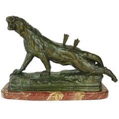French Romantic Bronze Wounded Lioness by Charles Valton