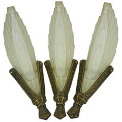 Three Art Deco Wall Sconces with Stylized Flames