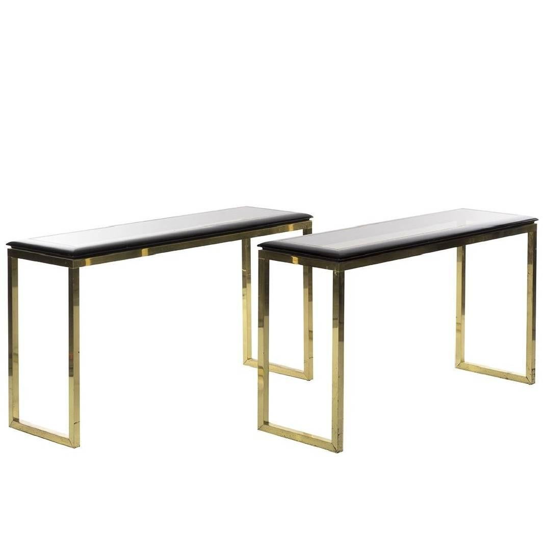 Pair of Italian Brass and Oak Console Tables Modern, 1970s