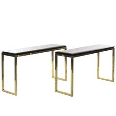 Pair of Italian Brass and Oak Console Tables Modern, 1970s 7