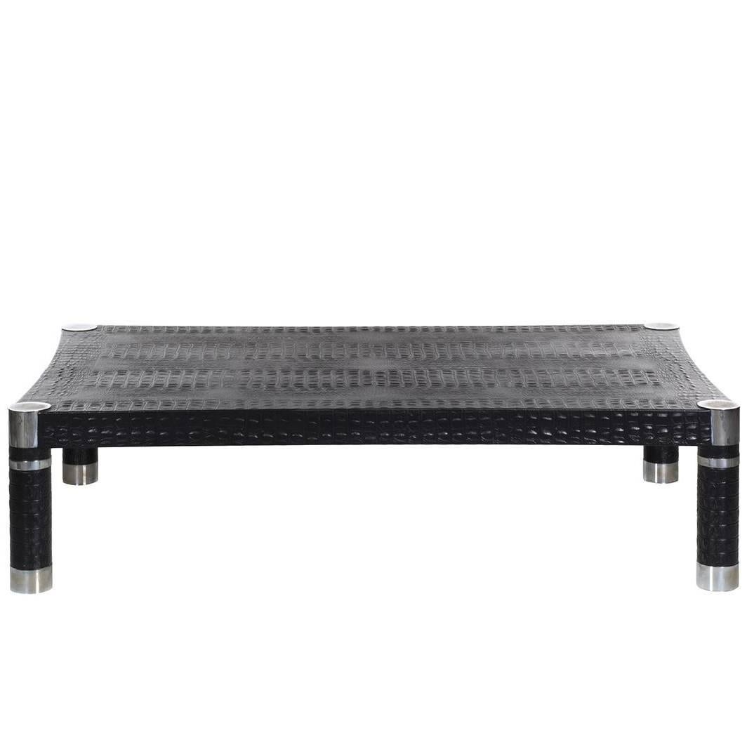 Karl Springer Embossed Crocodile Print Leather and Chrome Coffee Cocktail Table