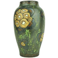 Art Deco Keramis Boch Dark Green Vase with Flower Motifs