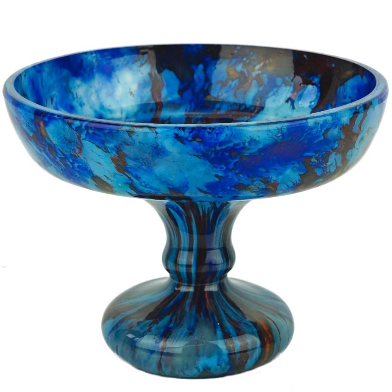 Large French Art Deco Charles Schneider Glass Blue Bowl For Sale