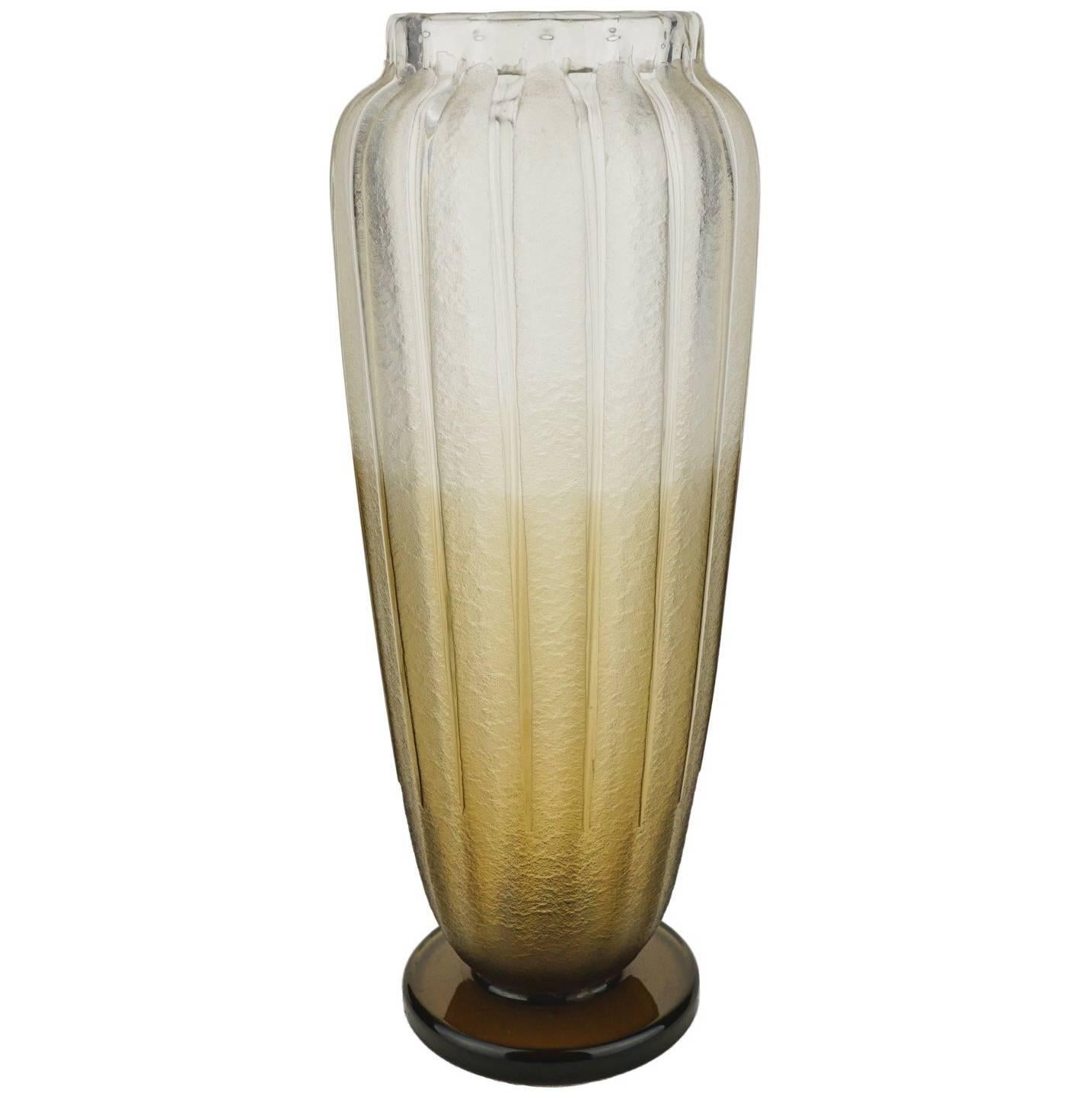 French Art Deco Charles Schneider Smoked Frosted Glass Vase