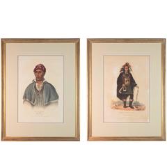Antique Pair of Original Hand Colored McKenney & Hall Lithographs of American Indians