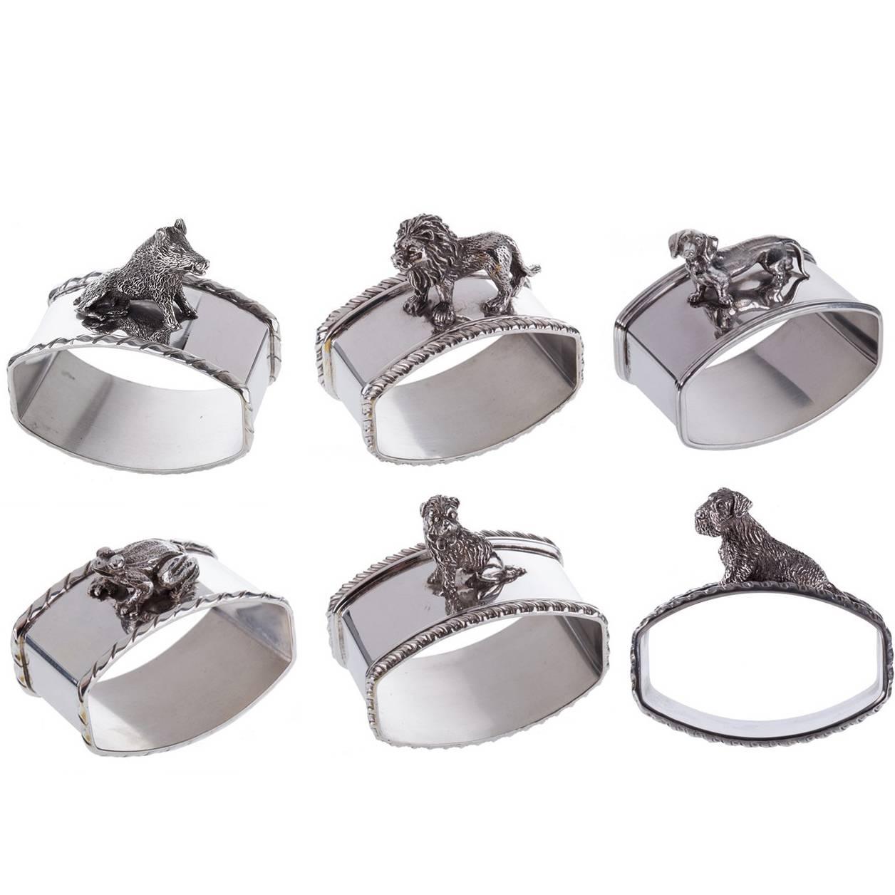 Set Of 6 Animal Sterling Silver Napkin Holders