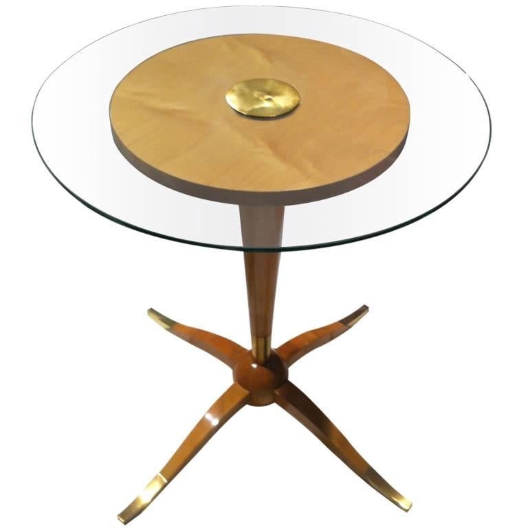 Rene Prou Sycamore Gueridon with Glass Top and Bronze Sabot For Sale