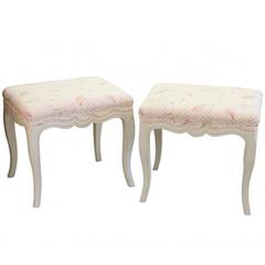 Pair of Antique Upholstered Benches with Painted Carved Wood Frame