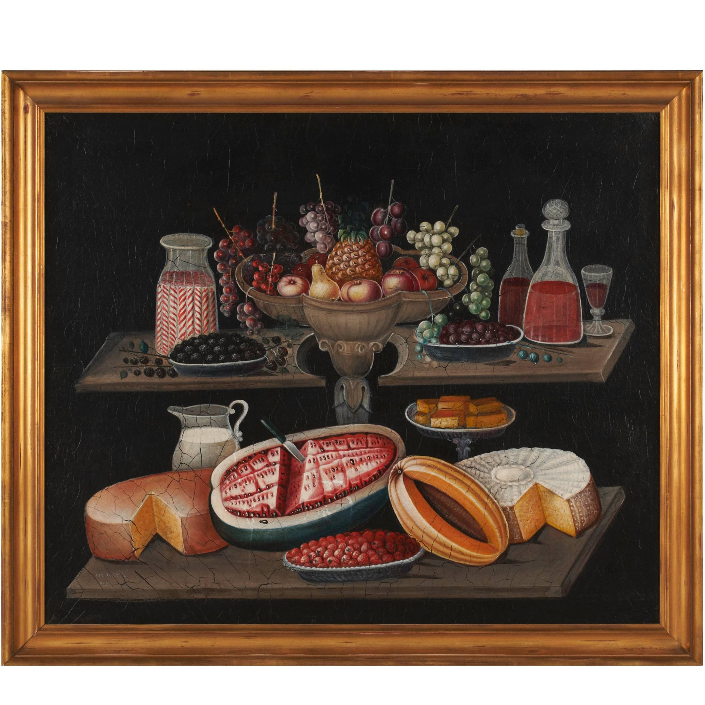 Still Life with Fruit, Cheese, Cakes, Wine, Milk and Peppermint Sticks For Sale