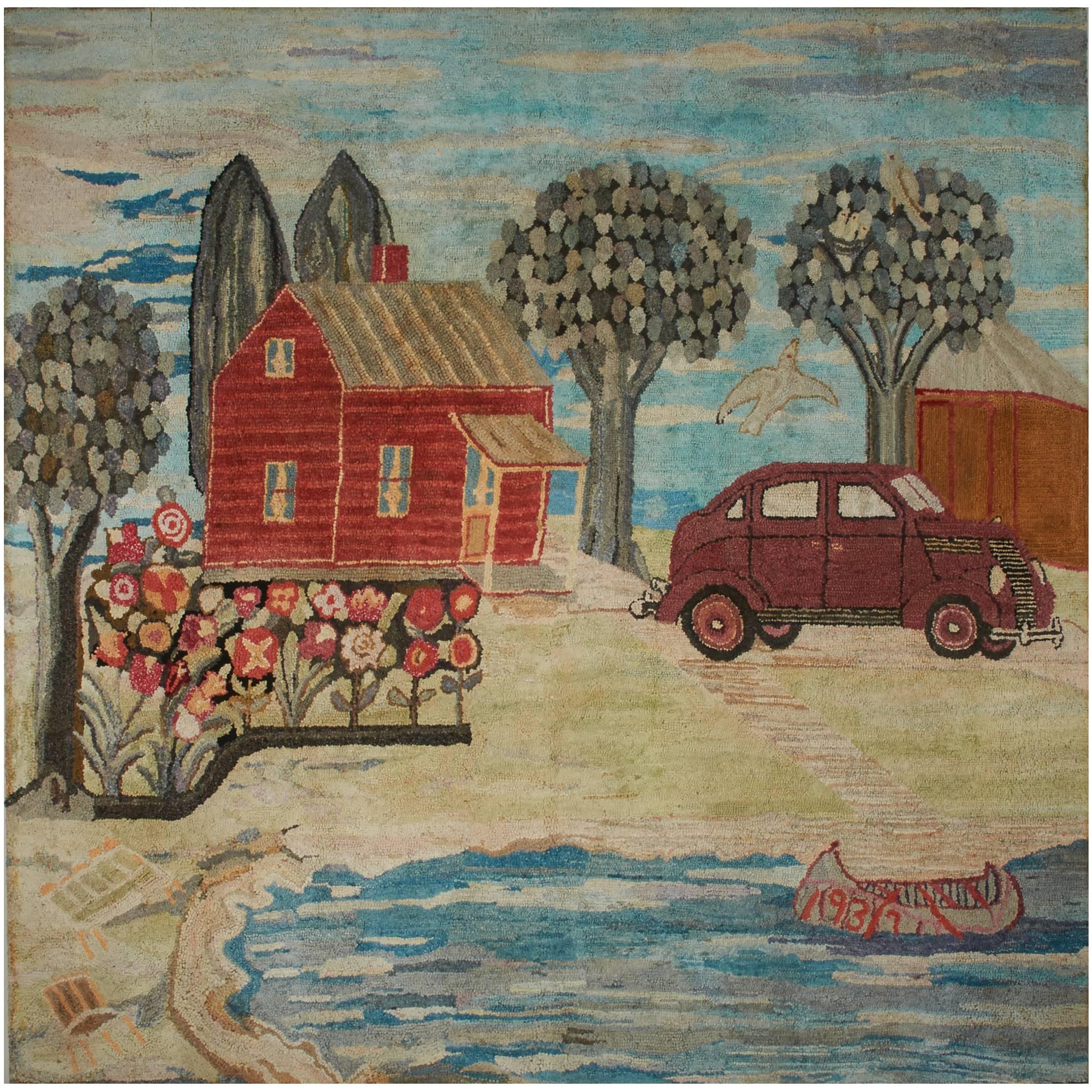 Pictorial Hooked Rug Depicting a Cottage by a Lake For Sale