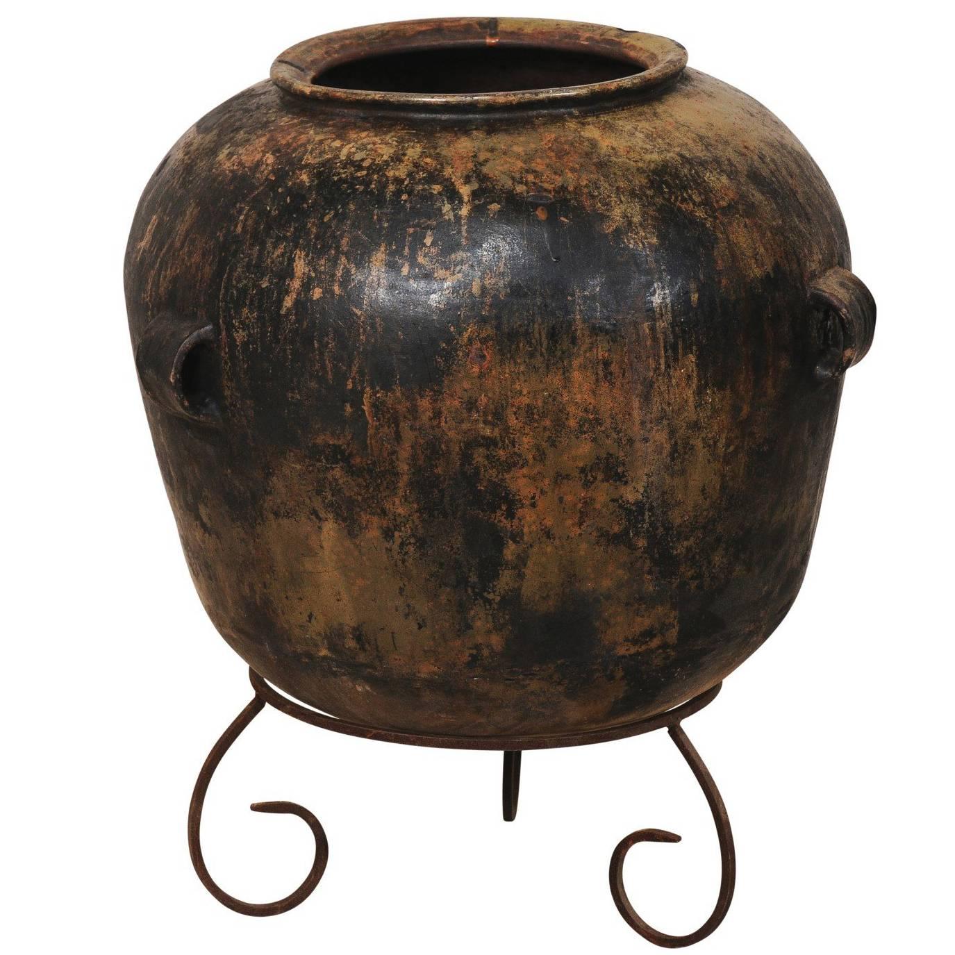 Guatemalan Ceramic Jar on Custom Scrolled Stand with Lovely Patina & Warm Hues For Sale