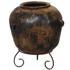 Vintage Guatemalan Ceramic Jar on Custom Scrolled Stand with Lovely Patina & Warm Hues