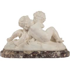 Italian 19th Century White Carrara Marble Statue of Putti Embracing by Landucci