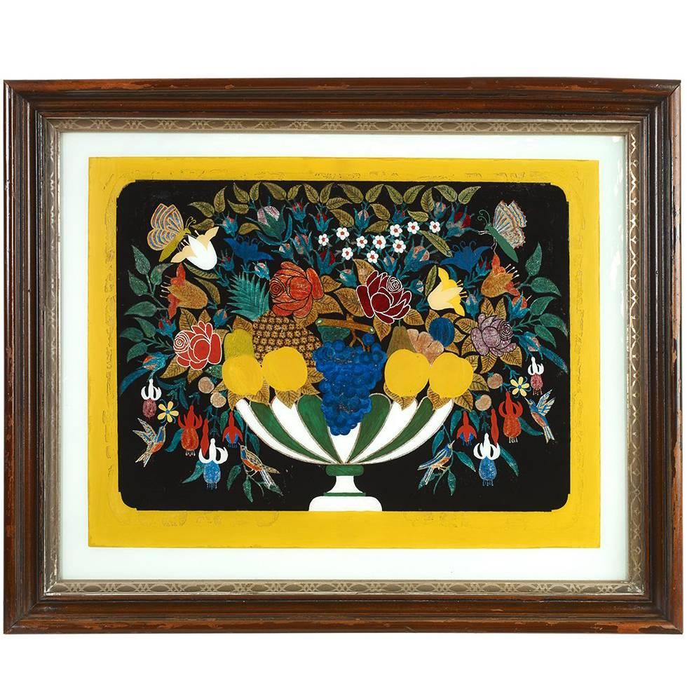 Painted Glass and Tinsel Still Life with Compote, Fruit and Flowers For Sale