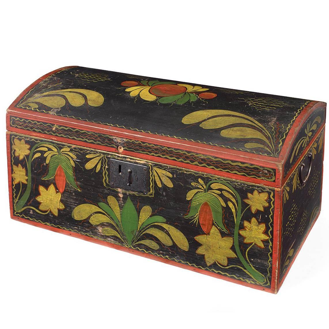 Black and Polychrome Decorated Dome-Top Trunk For Sale