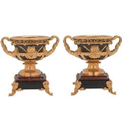 French 19th Century Renaissance St.Ormolu, Patinated Bronze and Marble Tazzas