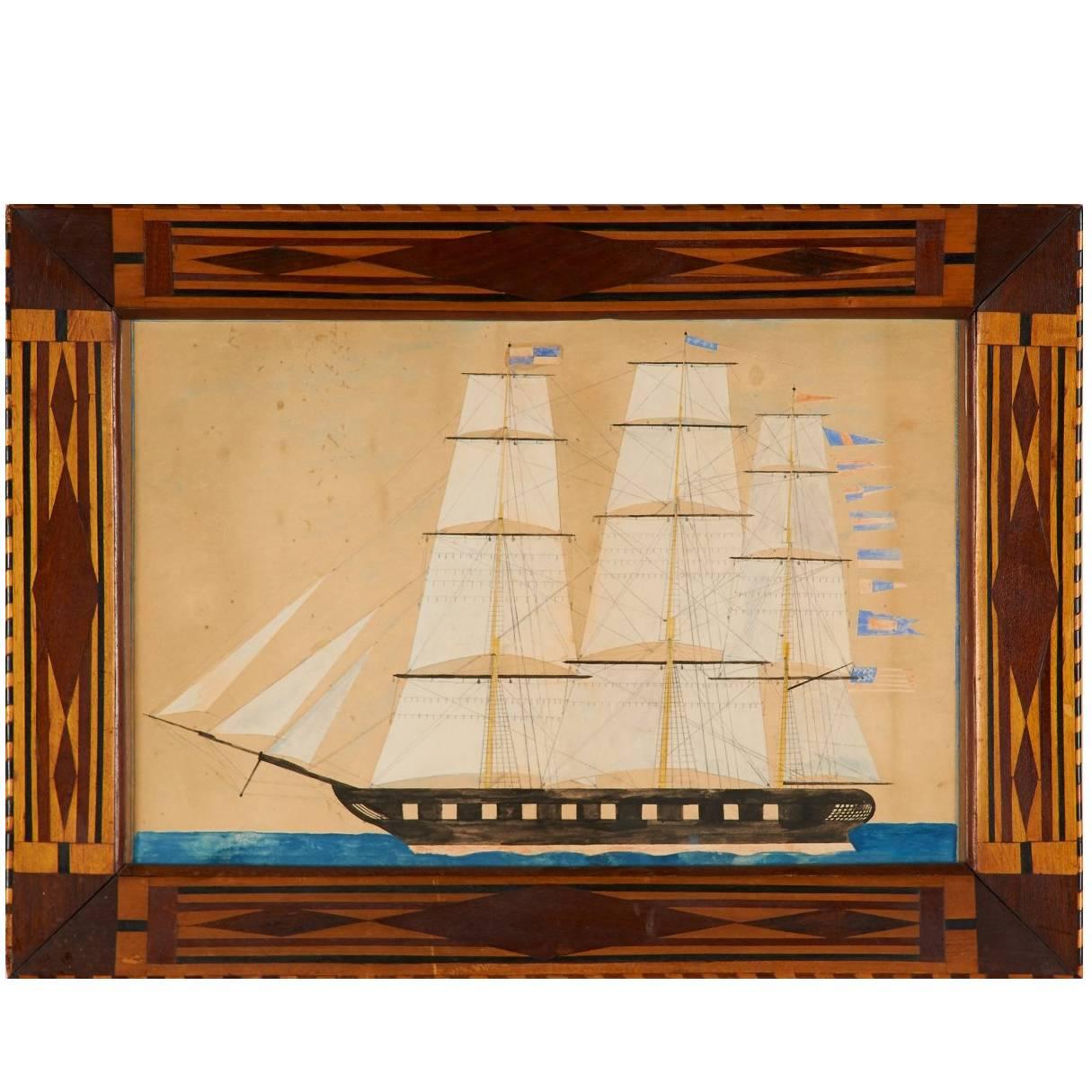 Watercolor Portrait of a Three-Masted Ship in a Marquetry Frame For Sale