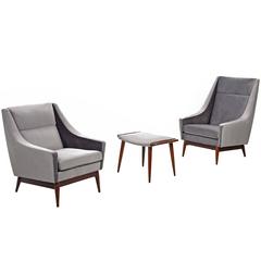 Mid-Century Modern His & Her Chairs and Foot Stool, 1950s 1