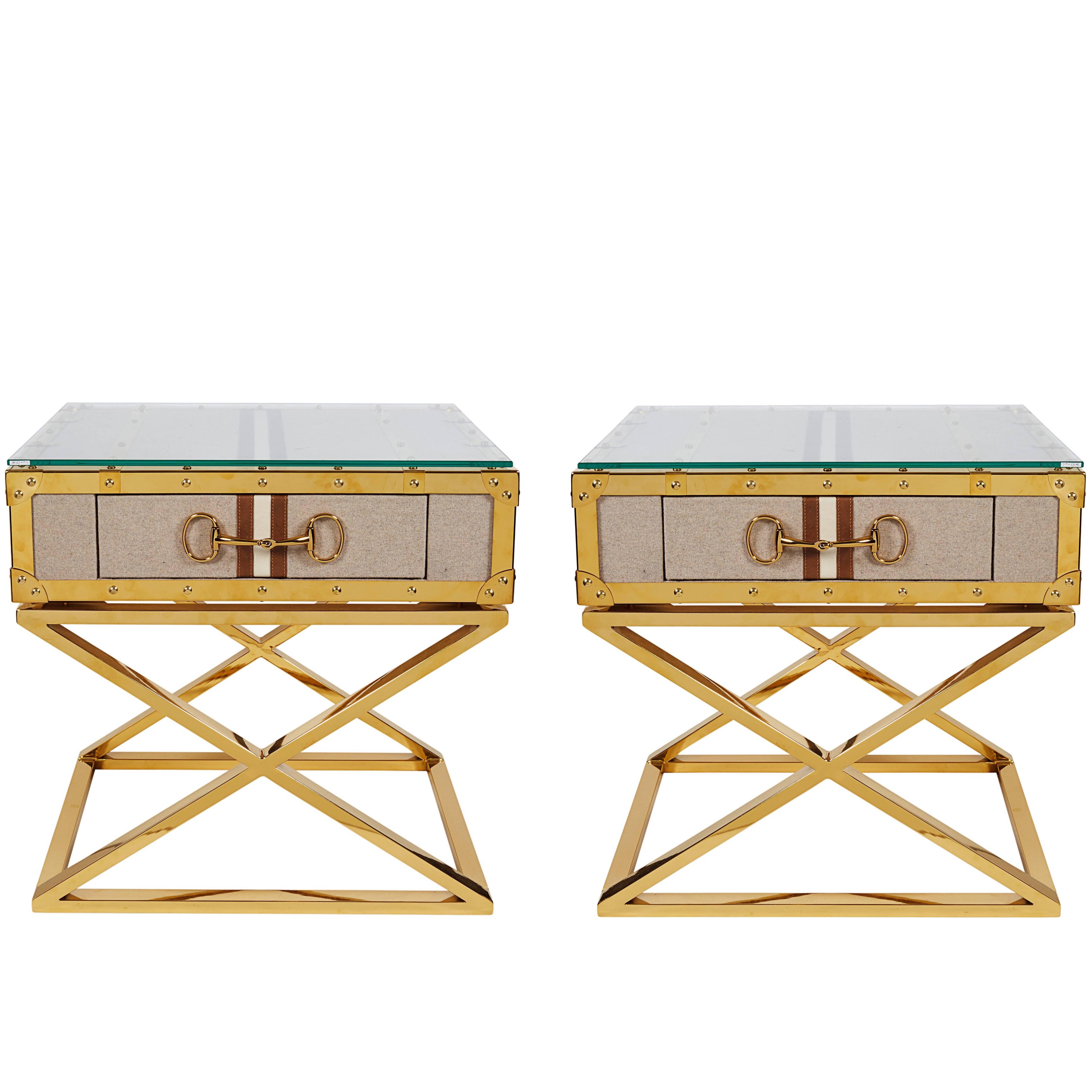 Pair Modern Contemporary Gucci Inspired Polished Brass Side Tables Nightstands