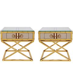 Pair Modern Contemporary Gucci Inspired Polished Brass Side Tables Nightstands