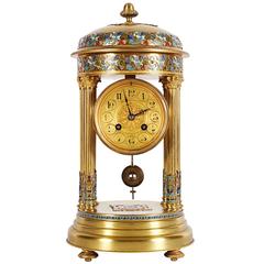French Cloisonne Champleve Enamel Round Mantle Clock with Columns
