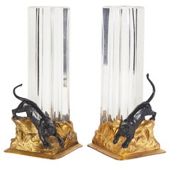 Pair of French Gilt and Patinated Bronze and Crystal Glass Vases with Panthers