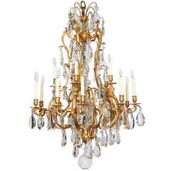 French Ormolu Bronze Baccarat Glass & Rock Crystal Fifteen-Light Chandelier