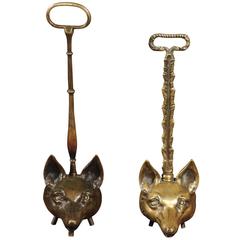Antique Two Tall English Brass Fox Head Door Stops from the Turn of the Century