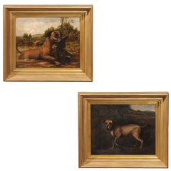 Pair of English Dog Oil Paintings from the Late 19th Century in Hunting Scenes