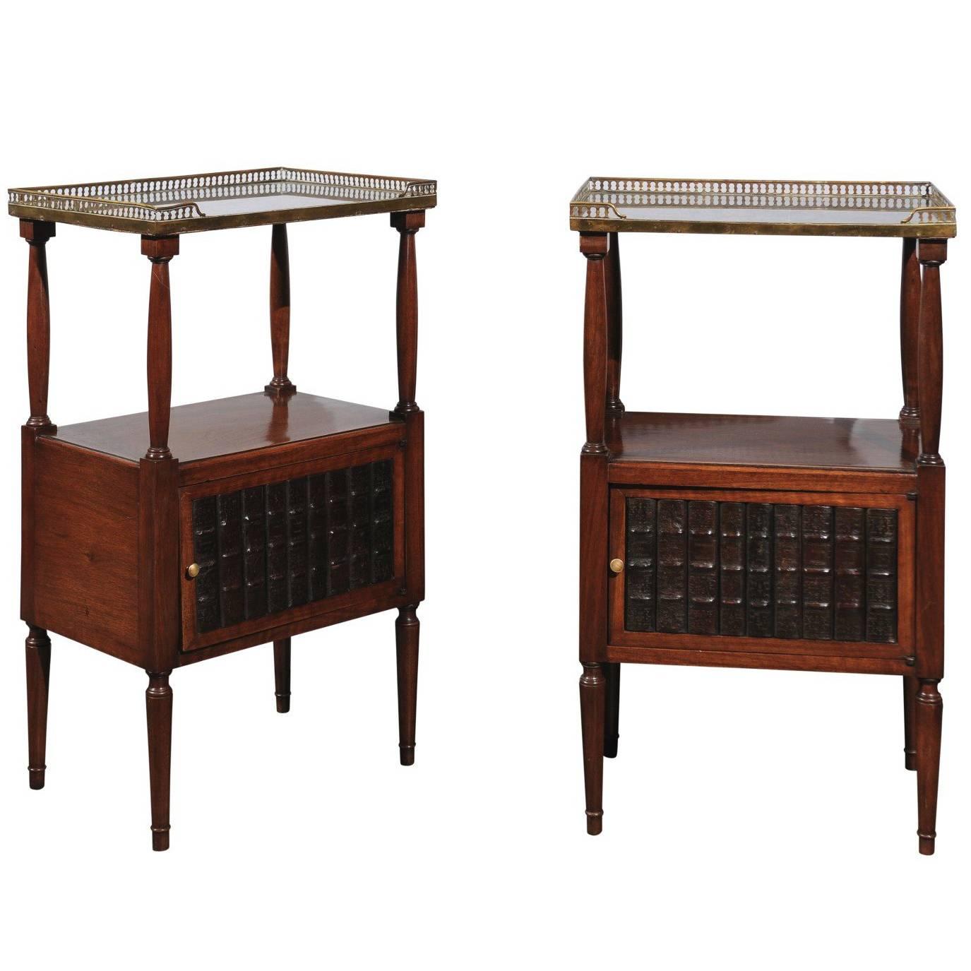 Pair of English Turn of the Century Mahogany Side Tables with Faux Book Doors