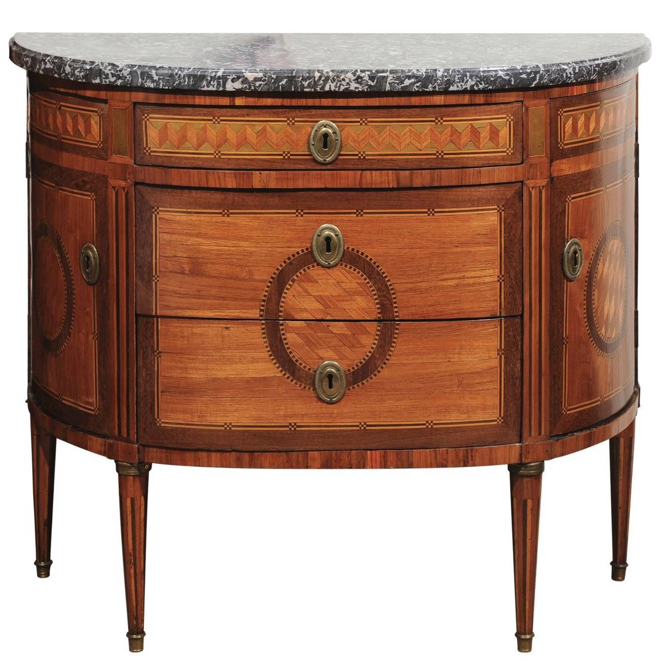 18th Century Louis XVI Demilune Parquetry Inlaid Commode with Grey Marble Top