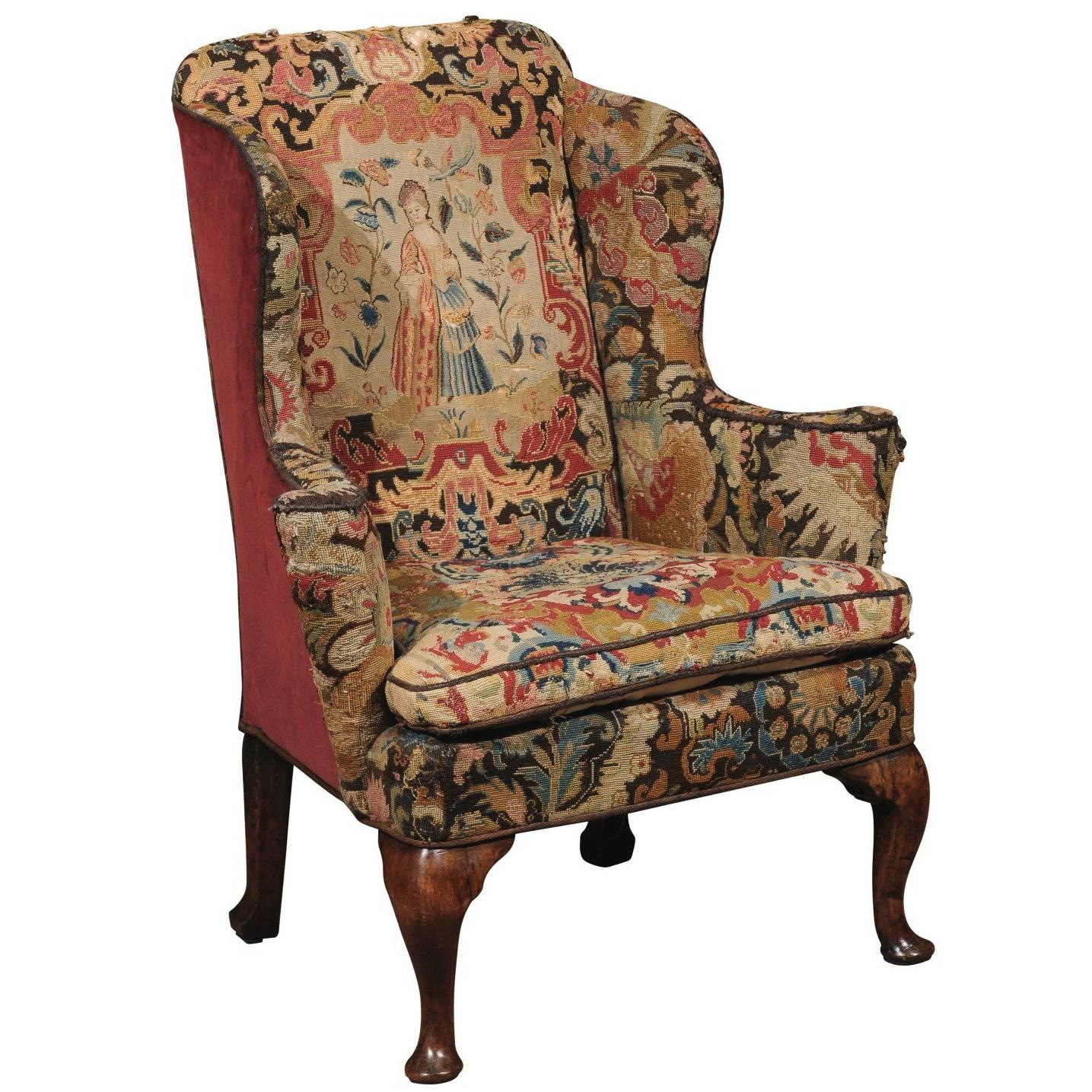 18th Century English Queen Anne Wing Chair in Walnut with Needlepoint Tapestry