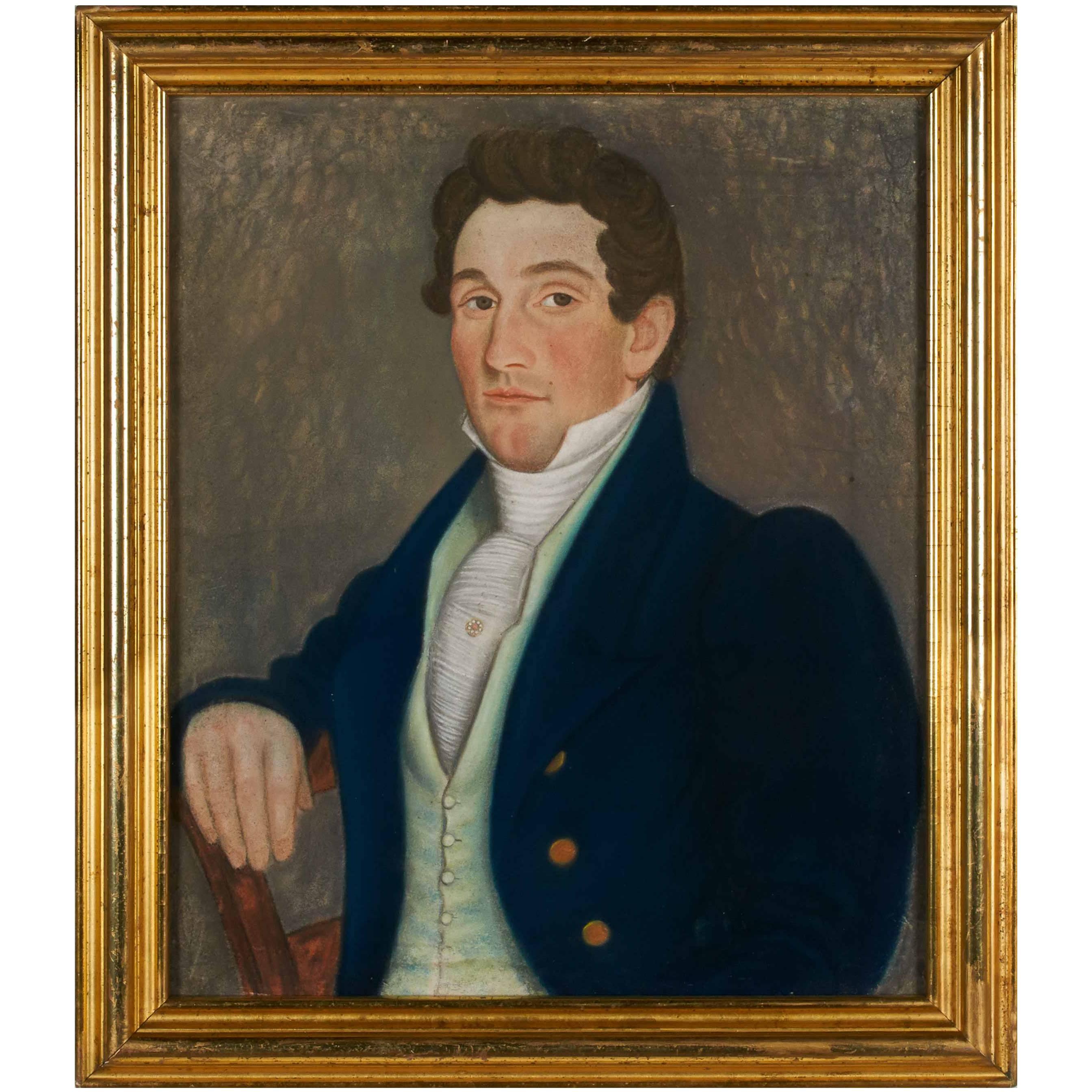 Pastel Portrait of a Seated Gentleman in Blue Coat and Green Vest For Sale