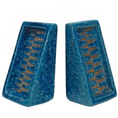 Bitossi Ceramic Bookends Rimini Blue and Gold Signed, Italy, 1950s