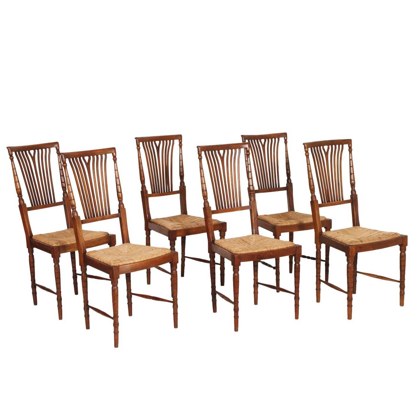 Lot de 6 chaises Chiavari en noyer, assise en paille par Fratelli Levaggi pour Cassina 1960 en vente