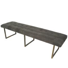 1960s Gray Leather Tufted Bench in the Style of Edward Wormley