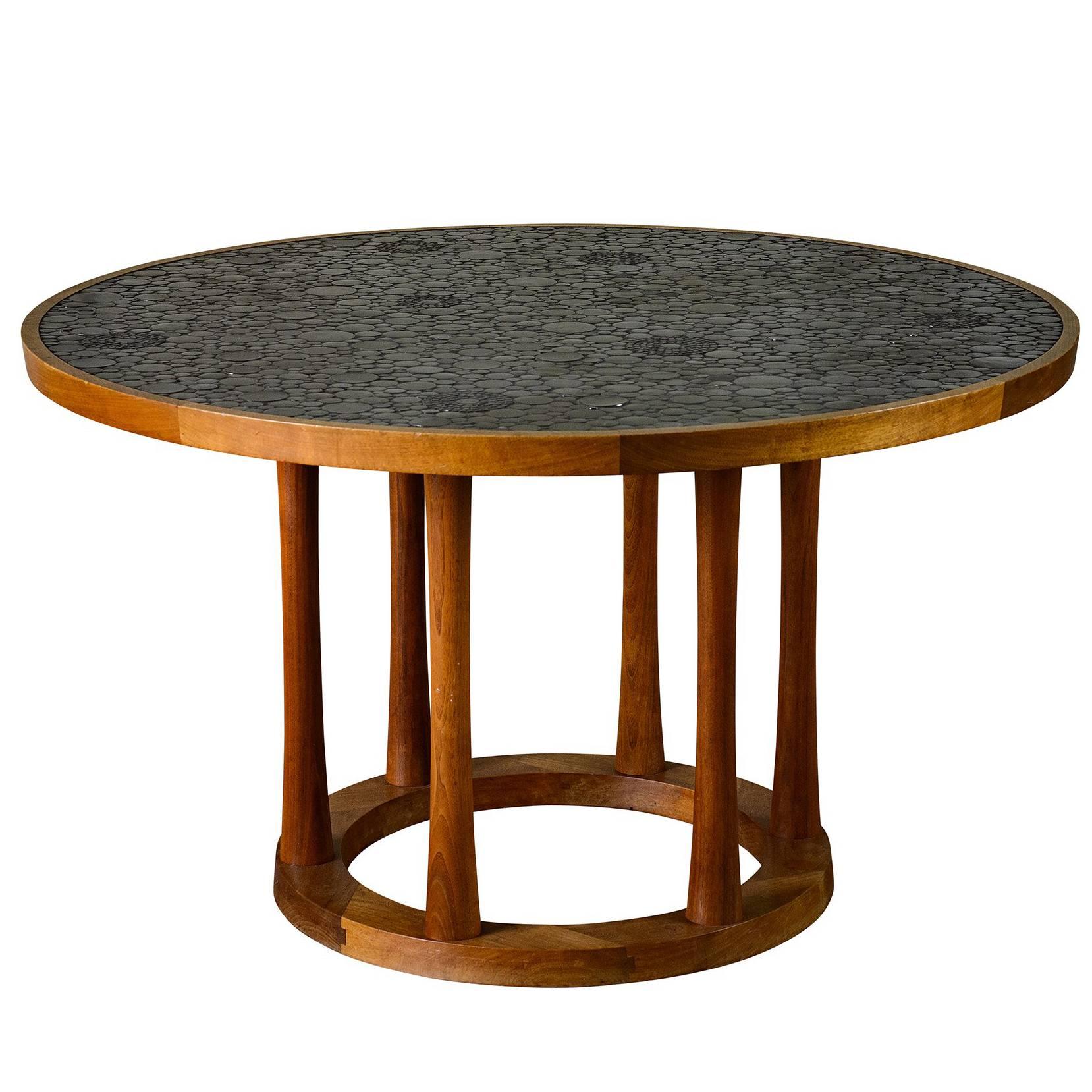 Marshall Studios Dining Table with Round Black Glazed Tiles and Walnut, 1960s