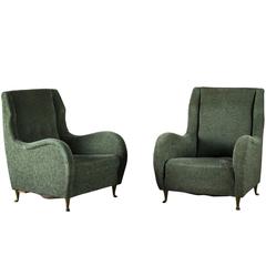 Pair of Italian I.S.A. Club Chairs with Shaped Arms on Raised Bronze Legs, 1950s