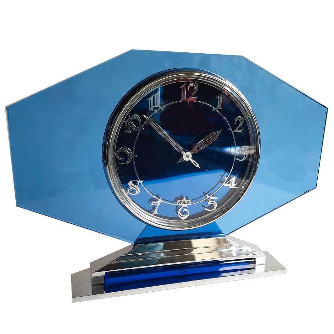Large 1930s Art Deco French Blue Glass and Chrome Clock by Jaz