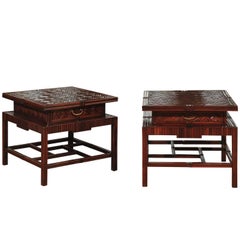 Radiant Pair of Vintage Mahogany and Rattan Herringbone Pagoda Tables