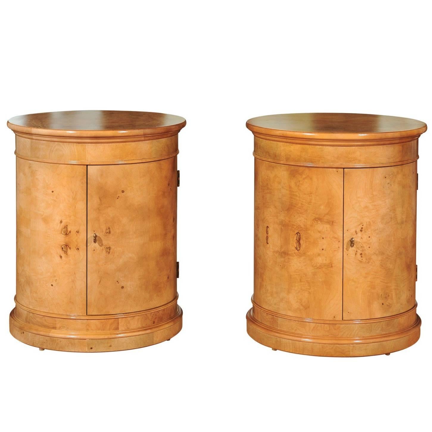 Stunning Pair of Vintage Bookmatched Olivewood Drum Cabinets by Henredon