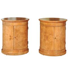 Stunning Pair of Vintage Bookmatched Olivewood Drum Cabinets by Henredon 4