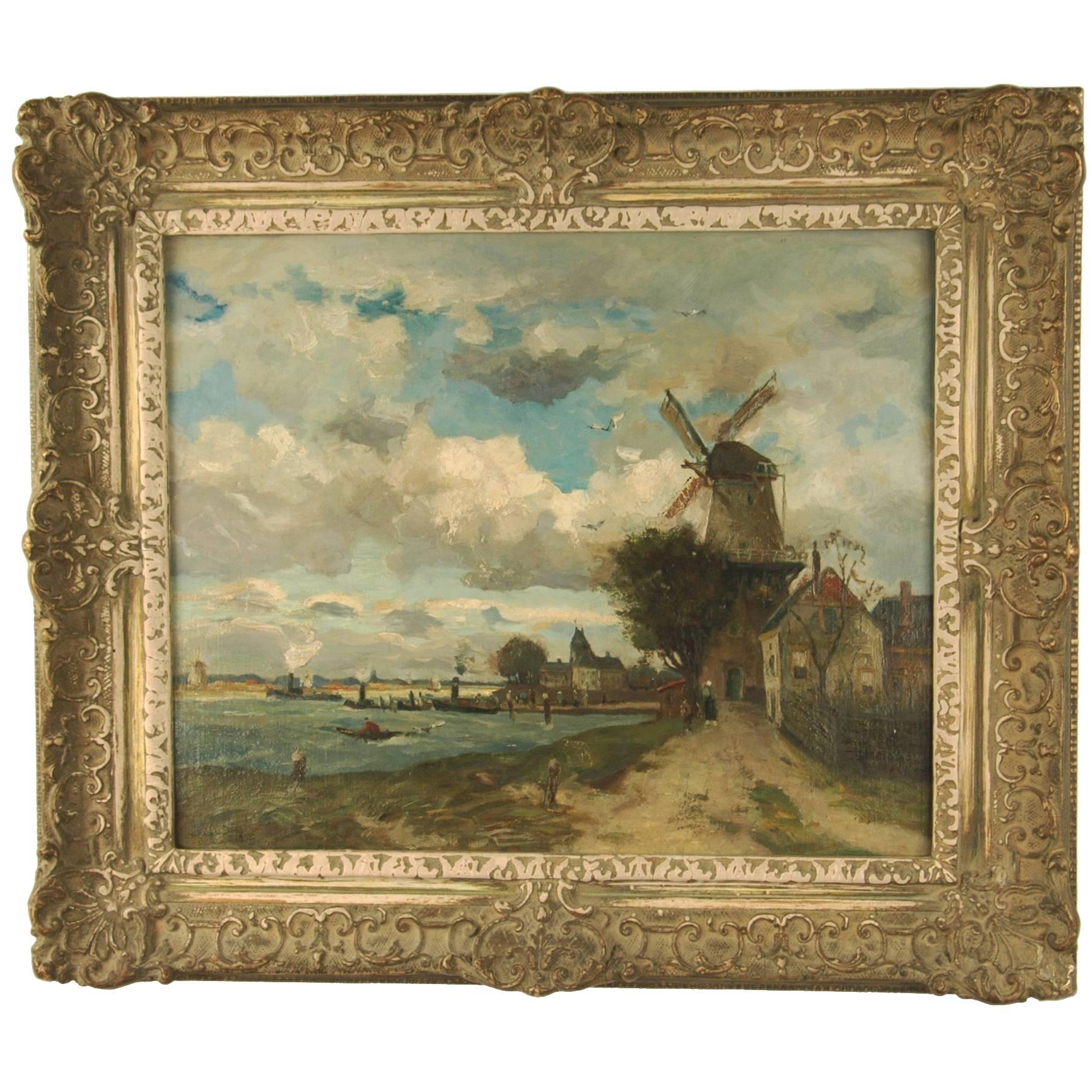 Signed Oil Painting by Jan Joseph Stapp Dutch Coast with Windmill For Sale