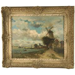 Signed Oil Painting by Jan Joseph Stapp "Dutch Coast with Windmill" 10