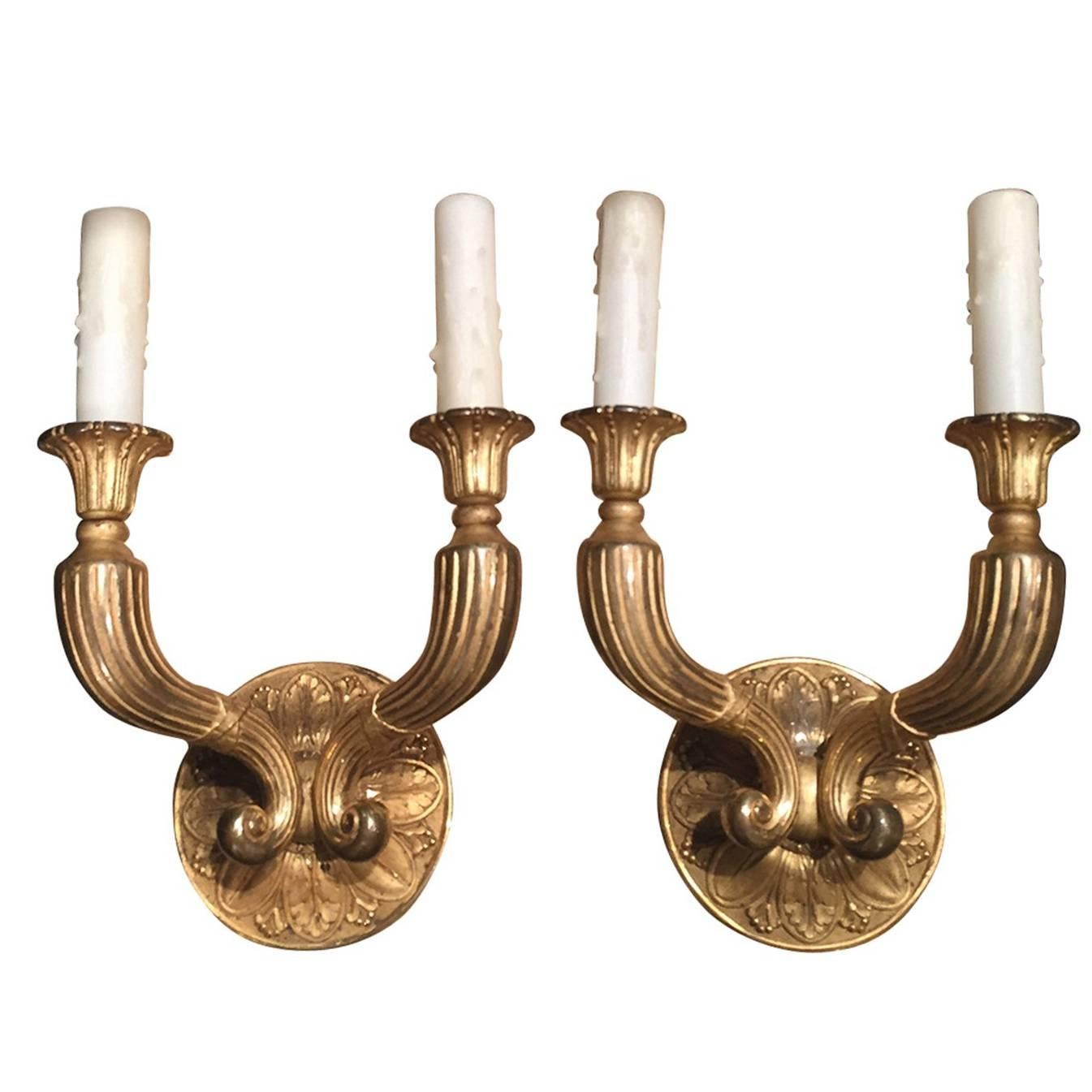 Pair of 19th-20th Century French Fire Gilded Bronze Empire Style Two-Arm Sconces