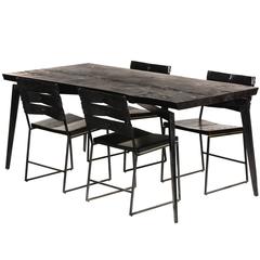 Shou Sugi Ban Live Edge Slab Wood and Steel Leg Dining Table with Brass Inlay 11